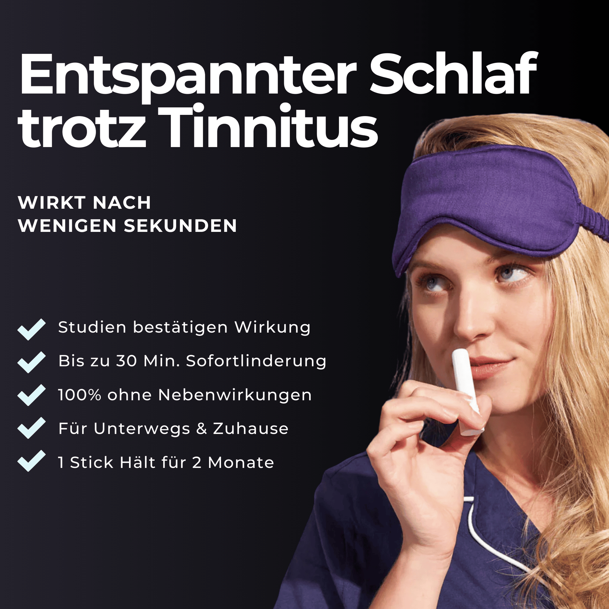 Eine Frau im blauen Pyjama und mit lila Schlafmaske benutzt den TinniStick Akut Inhalator von Jetiko. Der Text hebt die schnelle, nebenwirkungsfreie Tinnitus-Linderung für bis zu 30 Minuten hervor. Eine Checkliste mit den Funktionen wird angezeigt.