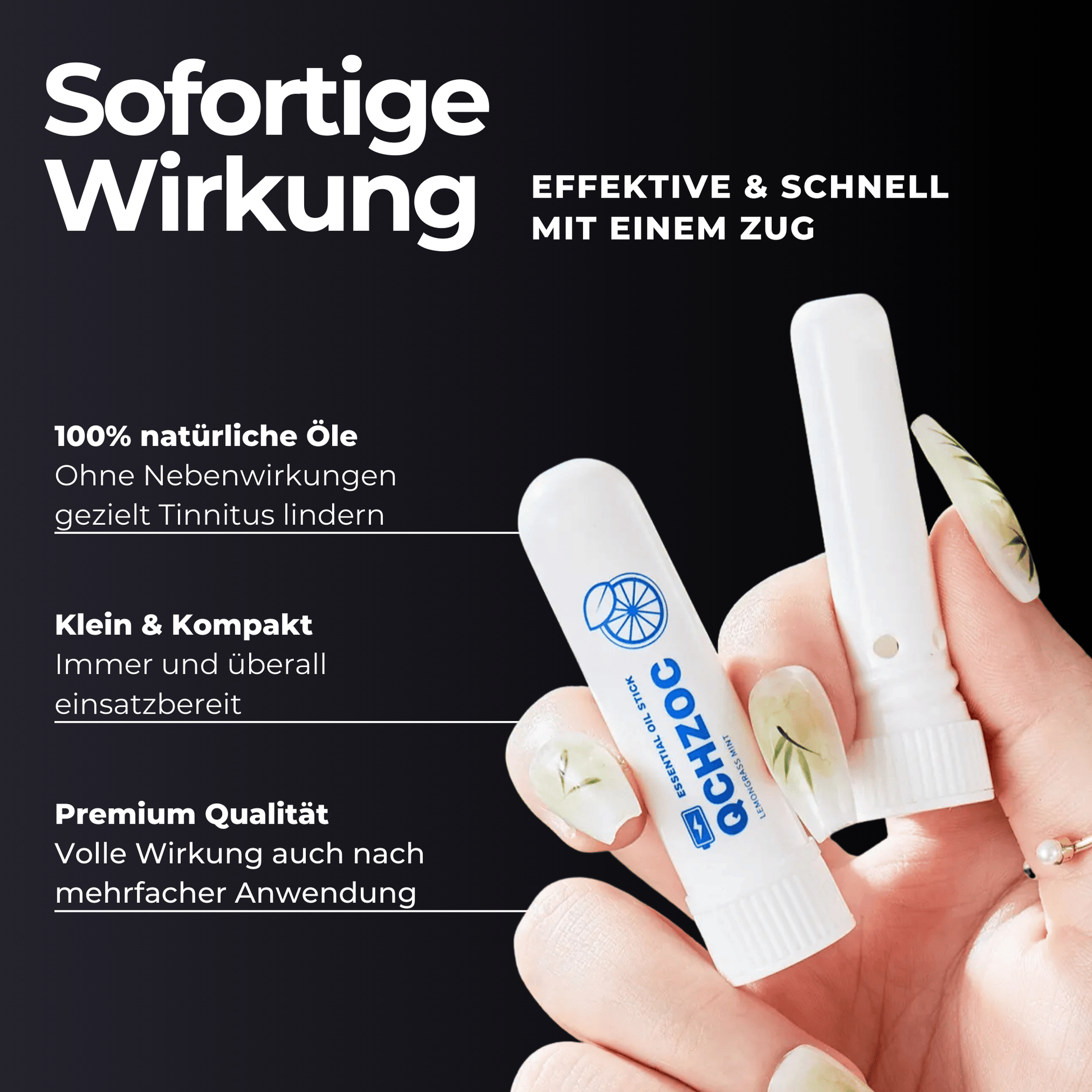 Zwei Hände halten Jetiko TinniStick Akut Inhalatoren vor schwarzem Hintergrund. Der Text hebt die schnelle Linderung, die natürlichen Öle, das kompakte Design und die Premium-Qualität bei Tinnitus hervor. Auf einem Stick ist das blaue und orangefarbene Logo zu sehen. Jede Anwendung hält bis zu 30 Minuten.