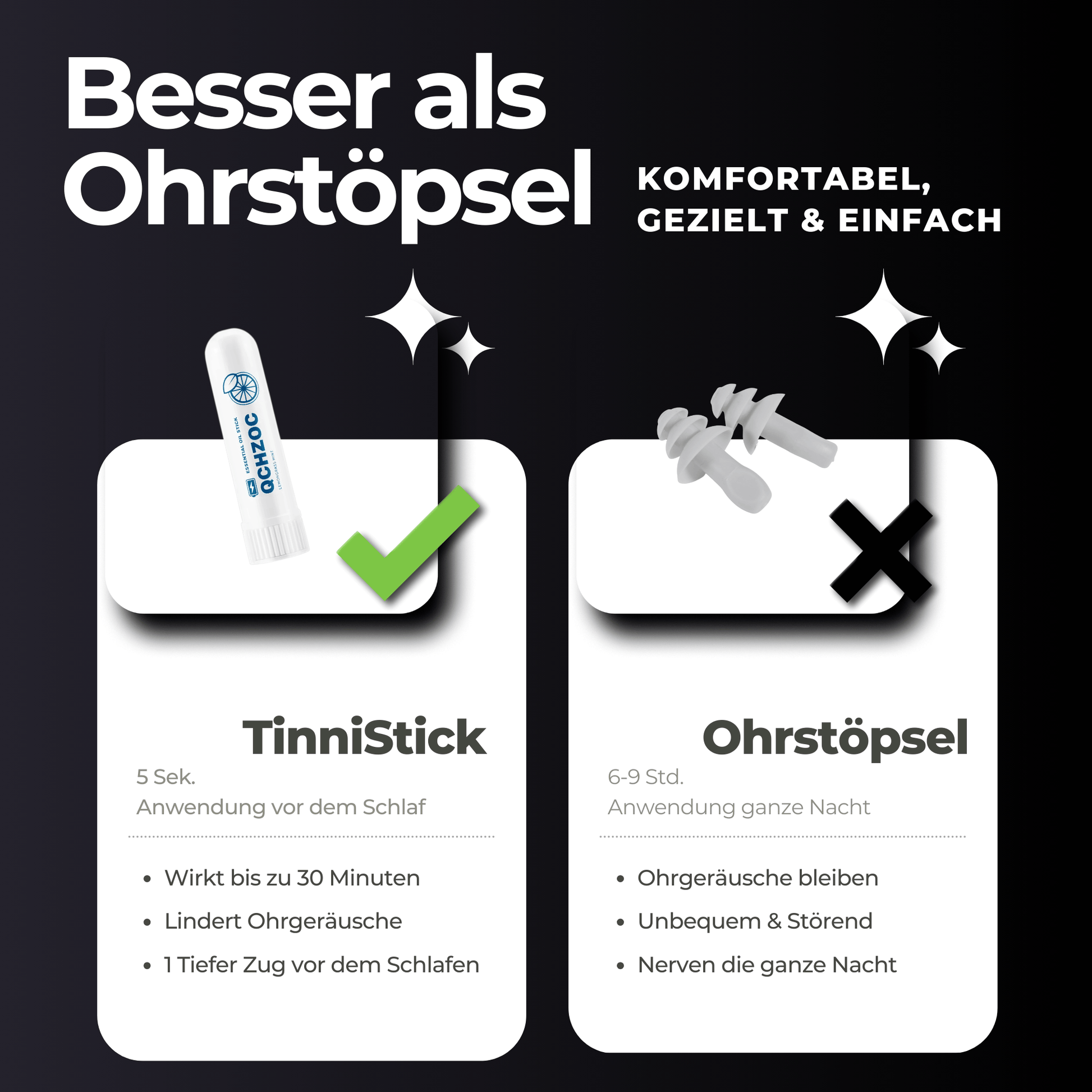Vergleichsgrafik: Links Jetiko TinniStick Akut (grünes Häkchen: bis zu 30 Min. Tinnitus-Linderung, effektiv, einfach). Rechts Ohrstöpsel (schwarzes X: längere Anwendung erforderlich, weniger effektiv, unbequem). Hebt die Vorteile des TinniSticks hervor.