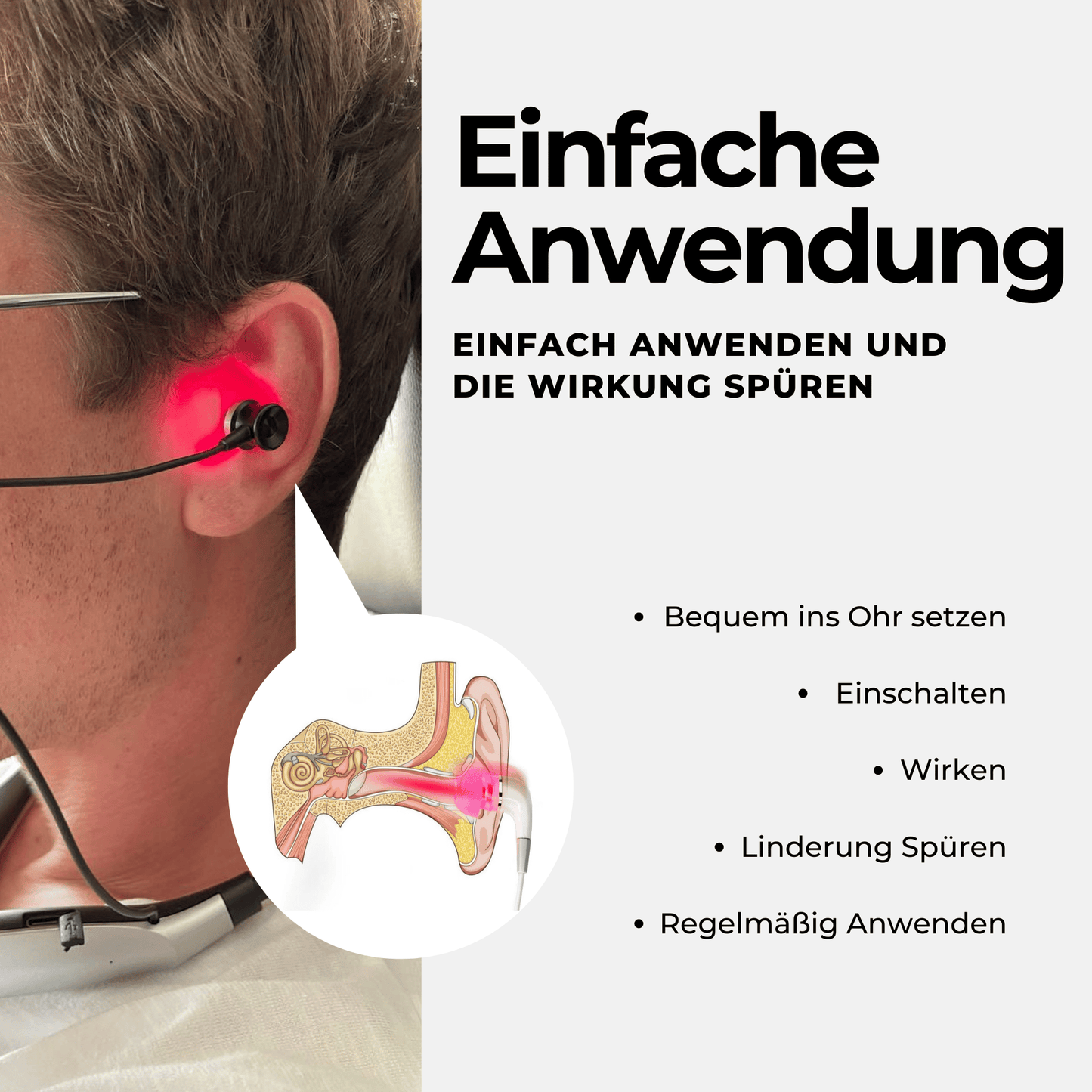 Eine Person verwendet den Jetiko TinniPlug, der rotes Licht in den Gehörgang abgibt. Eine Abbildung zeigt die Passform. Ein deutscher Text erklärt die einfache Anwendung dieses Tinnitus-Linderungsgeräts.