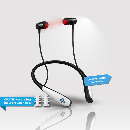 Jetiko TinniPlug – Soforthilfe zur Tinnitus-Linderung: Schwarze kabellose In-Ear-Kopfhörer mit Nackenband, roten LED an den Ohrhörern. inkl. weißer Ohrstöpsel und Labels „Lebenslange Garantie“ & „Gratis Nasenplug im Wert von 4,95€“.