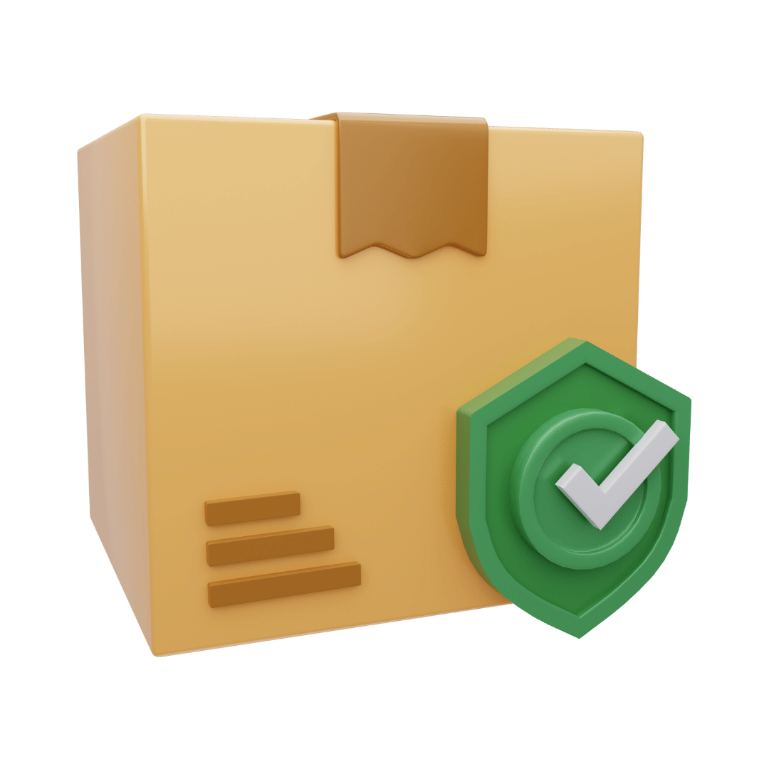 Ein brauner Karton mit versiegelter Lasche und dem grünen Schildsymbol von Jetiko mit weißem Häkchen, das für „Versicherter Versand“ steht.