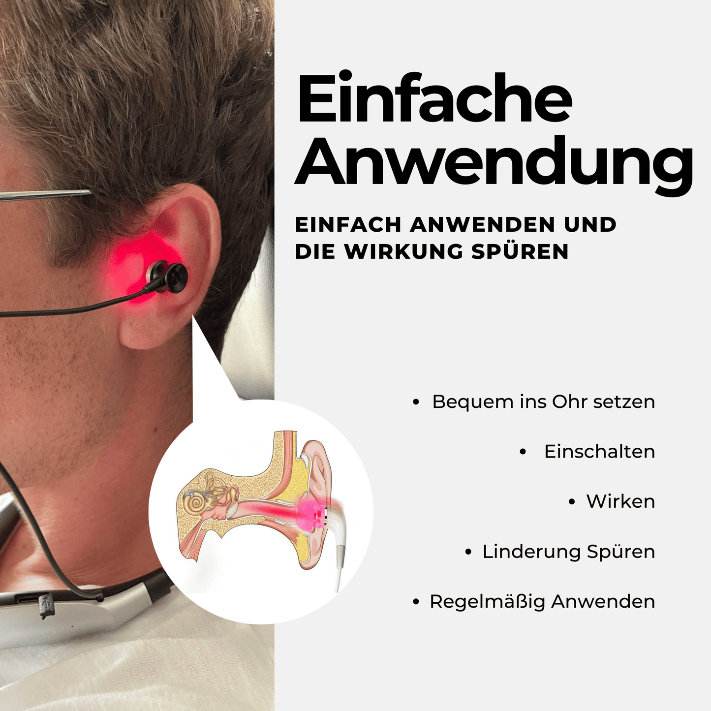 Eine Person verwendet den Jetiko TinniPlug, der rotes Licht in den Gehörgang abgibt. Eine Abbildung zeigt die Passform. Ein deutscher Text erklärt die einfache Anwendung dieses Tinnitus-Linderungsgeräts.