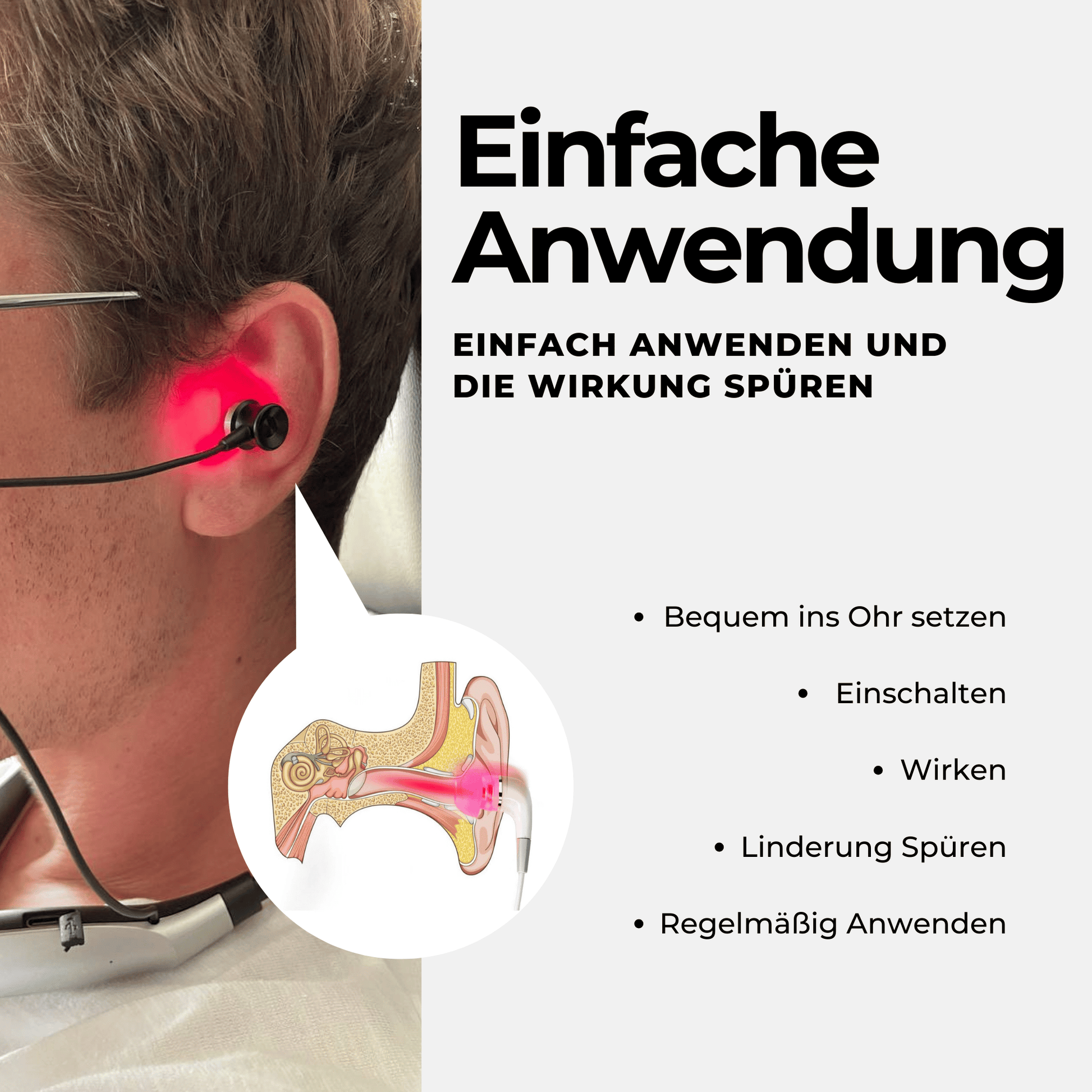 Eine Person verwendet den Jetiko TinniPlug, der rotes Licht in den Gehörgang abgibt. Eine Abbildung zeigt die Passform. Ein deutscher Text erklärt die einfache Anwendung dieses Tinnitus-Linderungsgeräts.