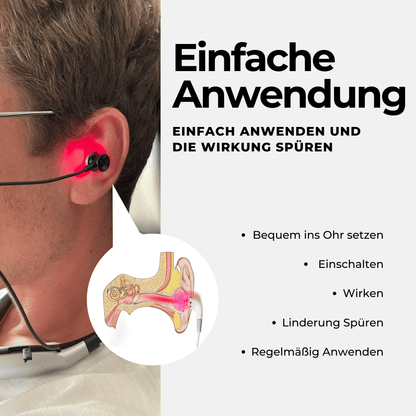 Eine Person verwendet den Jetiko TinniPlug, der rotes Licht in den Gehörgang abgibt. Eine Abbildung zeigt die Passform. Ein deutscher Text erklärt die einfache Anwendung dieses Tinnitus-Linderungsgeräts.