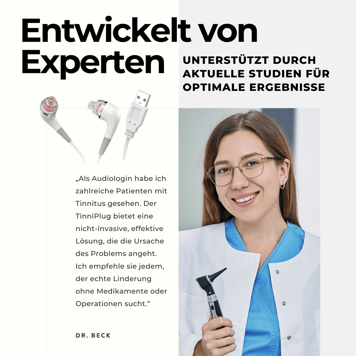 Eine lächelnde Ärztin im weißen Kittel hält ein Otoskop neben einem Zitat von Jetiko über TinniPlug – Soforthilfe zur Tinnitus-Linderung. Links sind USB-Kopfhörer und der Text „Entwickelt von Experten“ zu sehen.