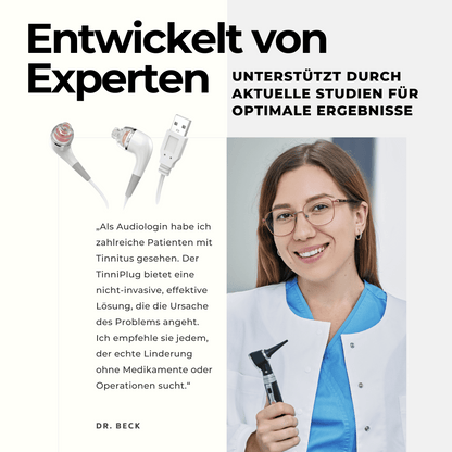Eine lächelnde Ärztin im weißen Kittel hält ein Otoskop neben einem Zitat von Jetiko über TinniPlug – Soforthilfe zur Tinnitus-Linderung. Links sind USB-Kopfhörer und der Text „Entwickelt von Experten“ zu sehen.