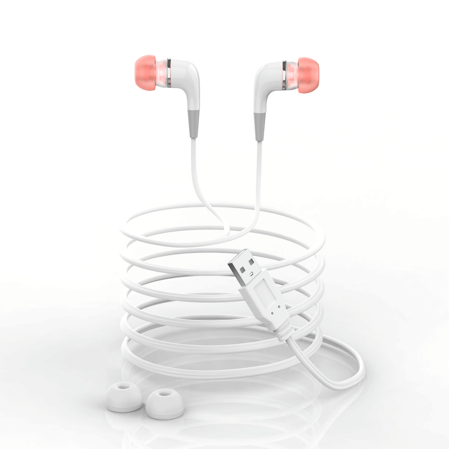 Abgebildet ist der Jetiko TinniPlug – Soforthilfe zur Tinnitus-Linderung: weiße kabelgebundene Ohrhörer mit rosa Spitzen, ein sauber gewickeltes Kabel, das in einem USB-Anschluss endet, und zwei zusätzliche Silikon-Ohrstöpsel auf einer weißen Oberfläche.