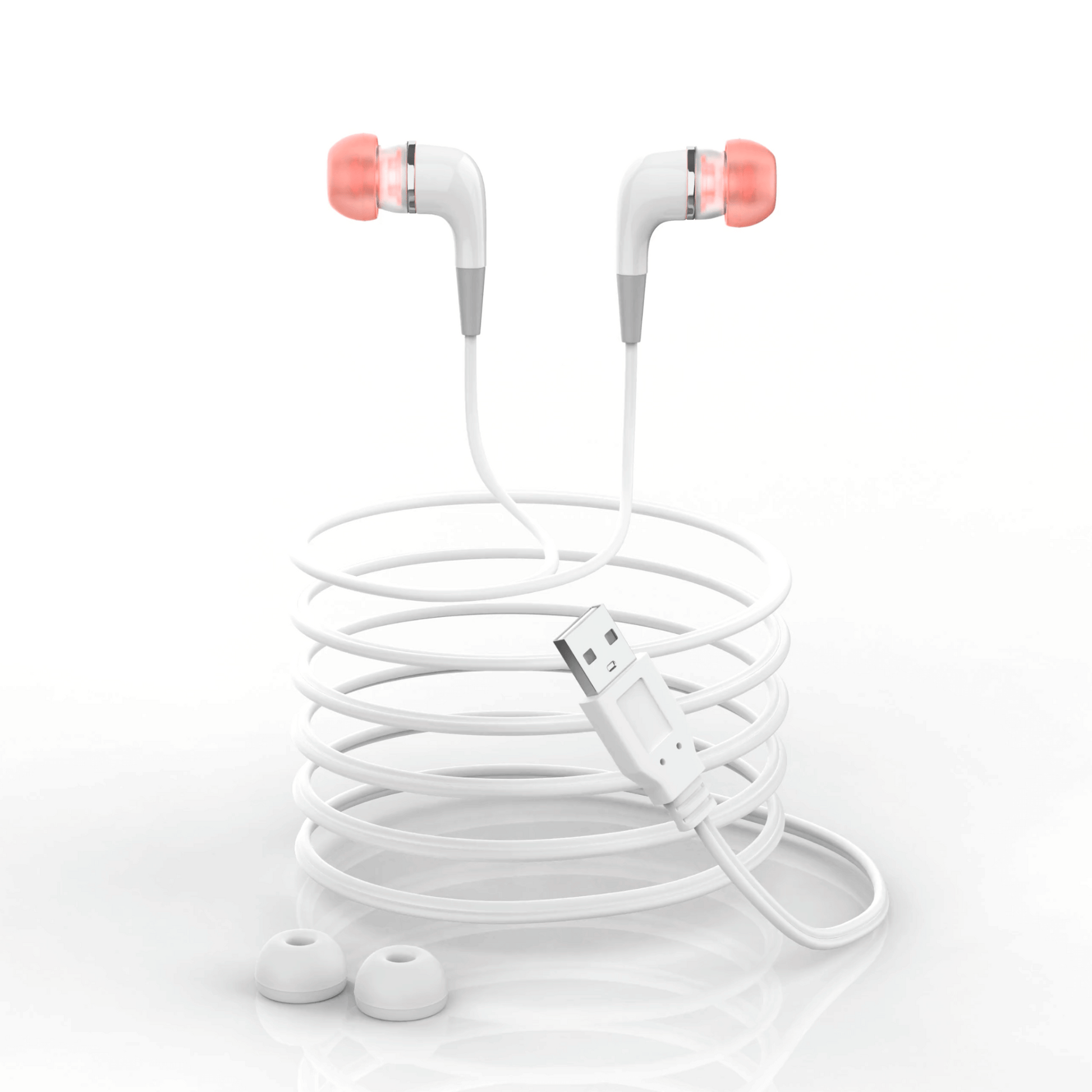 Abgebildet ist der Jetiko TinniPlug – Soforthilfe zur Tinnitus-Linderung: weiße kabelgebundene Ohrhörer mit rosa Spitzen, ein sauber gewickeltes Kabel, das in einem USB-Anschluss endet, und zwei zusätzliche Silikon-Ohrstöpsel auf einer weißen Oberfläche.